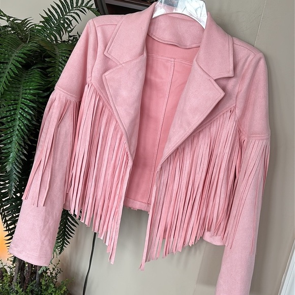 NWOT Pink Fringe Jacket Faux Suede Cropped Western Moto Tassel Cowgirl Pastel - Picture 4 of 14